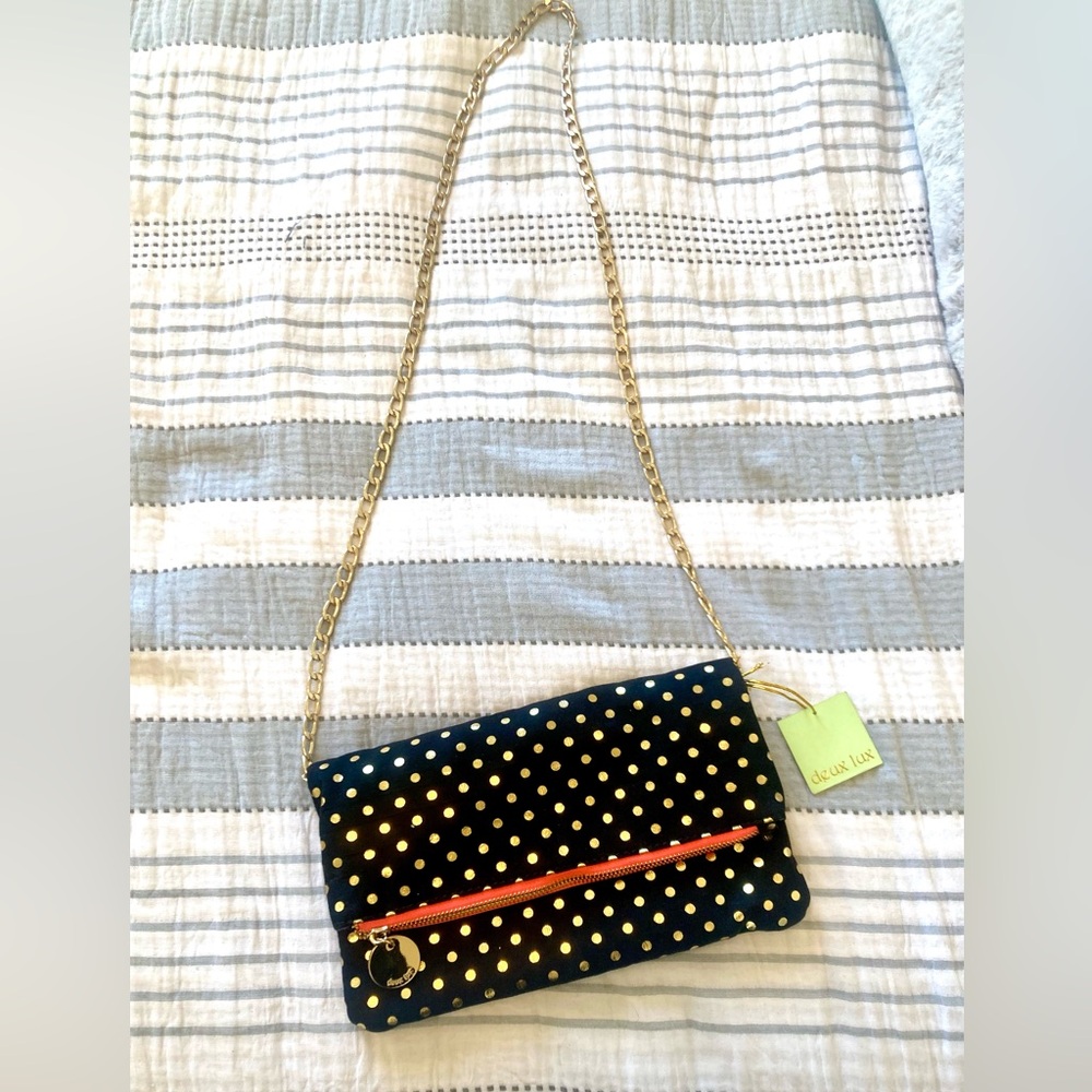 Deux Lux Black and Gold Polka Dot Crossbody Bag